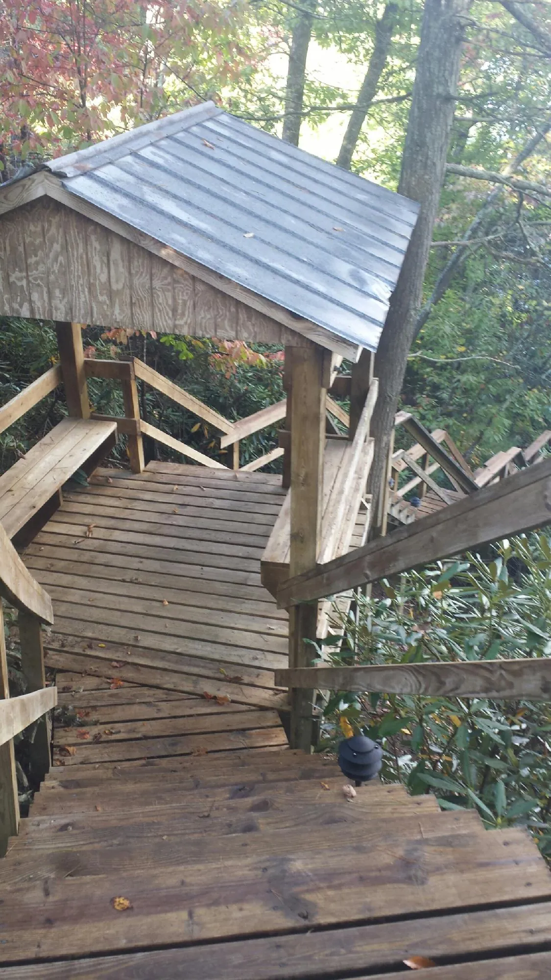 Metal roofed shelter over wooden steps on a wooded walkway — Skylight Repair & Installation work by our crew in Laotto